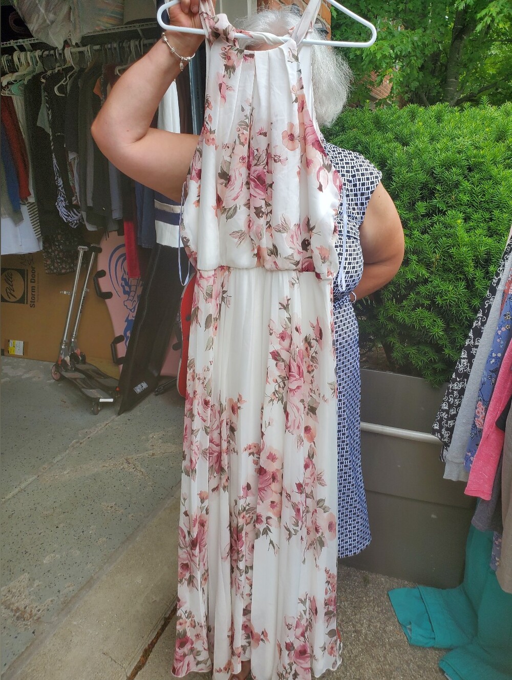 White Floral Halter Maxi Dress - Pink Rose Print Size 16 Womens Perfect For Wedd